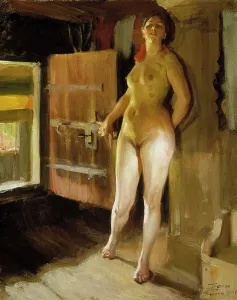 Loft Prints: At the Door of the Loft; Girl in the Loft, 1905. Creator: Anders Leonard Zorn