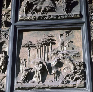 Detail of the doors of Paradise showing Abraham and Isaac, 15th century. Artist: Lorenzo Ghiberti Detail of the doors of Paradise showing Abraham and Isaac, 15th century. Artist: Lorenzo Ghiberti