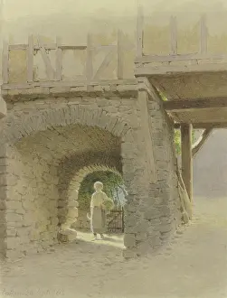 Stone Wall Prints: Doorway in Eppstein, through which a young woman walks