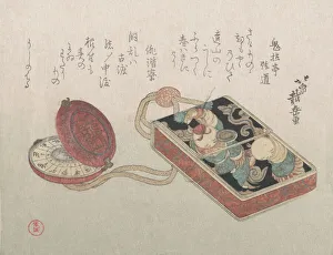 Doran (Square Leather Box Used as an Inro) with a Watch as a Netsuke From the Spr... probably 1817. Creator: Hokusen Taigaku