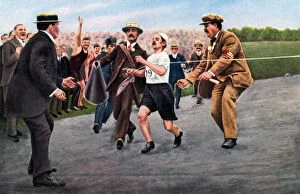Dorando Pietri finishing the first modern Olympic marathon, London, 1908