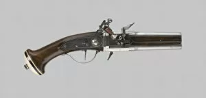 Flintlock Collection: Double-Barrel Revolving Flintlock Pocket Pistol, France, c. 1650 / 60. Creator: Henri Suber