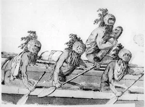 Double canoe with oarsmen, Hawaii, 18th century. Artist: John Webber