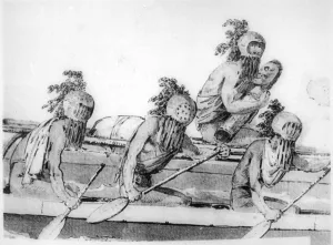 Double canoe with oarsmen, Hawaii, 18th century. Artist: John Webber Double canoe with oarsmen, Hawaii, 18th century. Artist: John Webber