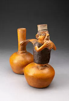Peruvian Collection: Double-Chambered Jar Depicting a Figure Holding a Cup or Flute, A. D. 500 / 800