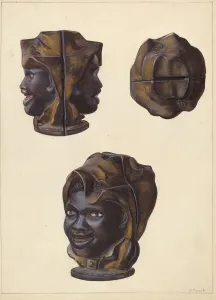Clementine Fossek Prints: Double Faced Negro Head Bank, c. 1938. Creator: Clementine Fossek