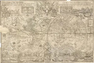 Double hemisphere map of the World, 1707. Artist: Kiprianov, Vasily Anufrievich (1669-after 1723) Double hemisphere map of the World, 1707. Artist: Kiprianov, Vasily Anufrievich (1669-after 1723)