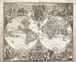 Russian National Library Collection: Double hemisphere map of the World, 1713. Artist: Kiprianov, Vasily Anufrievich (1669-after 1723)