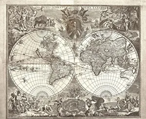 Double hemisphere map of the World, 1713. Artist: Kiprianov, Vasily Anufrievich (1669-after 1723) Double hemisphere map of the World, 1713. Artist: Kiprianov, Vasily Anufrievich (1669-after 1723)