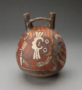 Double Spout and Bridge Vessel Depicting Costumed Performer with Snake Headdress Double Spout and Bridge Vessel Depicting Costumed Performer with Snake Headdress