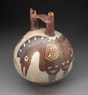 Double Spouted Prints: Double Spout Bridge Vessel Depicting Long-Necked, Crested Bird with... 180 BC / AD 500