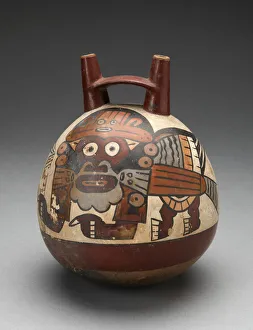 Double Spout Vessel Depicting Costumed Figure with Bird Attributes, Holding a Staff