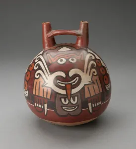 Double Spout Vessel Depicting Costumed Figure with Decapitated Head, 180 B. C. / A. D. 500