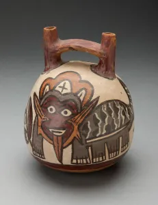 Double Spout Vessel Depicting Costumed Figure with Feline Attributes, 180 B. C. / A. D. 500