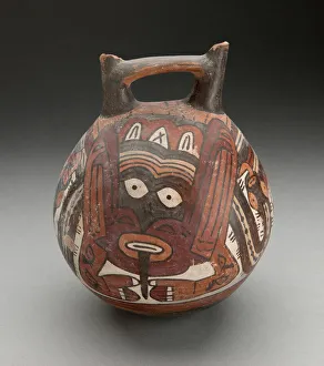 Double Spouted Prints: Double Spout Vessel Depicting Costumed Figure with Tattoos and Serpent Attributes, 180 B