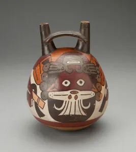 Double Spout Vessel Depicting Masked Figure Curving over Upper Surface, 180 B. C. / A. D. 500