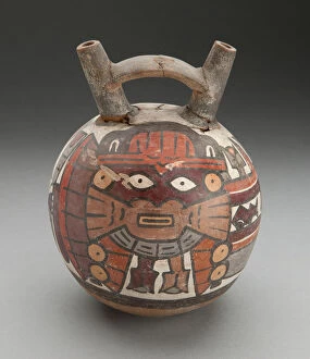 Double Spout Vessel Depicting Masked Performer with Fertility Motifs, 180 B.C./A.D. 500