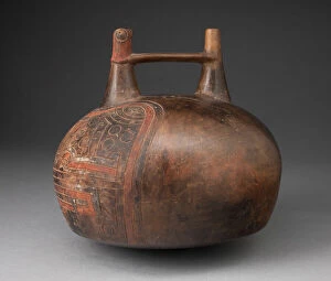 Paracas Collection: Double Spout Vessel with Incised and Painted Abstract Feline Head, 650 / 150 B. C