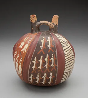 Double Spout Vessel with Vertical Bands Depicting Fish, Birds, and Geometric Motifs Double Spout Vessel with Vertical Bands Depicting Fish, Birds, and Geometric Motifs