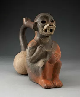 Andean Gallery: Double Vessel in the Form of a Seated Monkey with Coca Bag Around Neck, 100 B.C. / A.D. 500