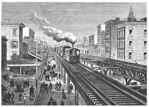 Rail Gallery: Double way overhead railway, circulating by the Seventh Avenue in New - York, engraving 1872