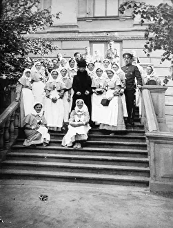 Healthcare Prints: Dowager Empress Maria Feodorovna of Russia with nurses outside a hospital, Russia, 1916
