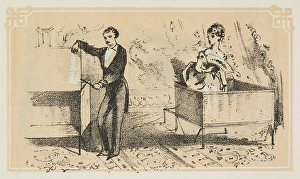Trick Prints: Dr. Lynn performs a magical illusion, 1870. Creator: Unknown