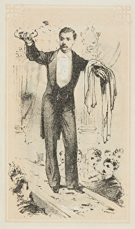 Trick Prints: Dr. Lynn performs a magical illusion, 1870. Creator: Unknown