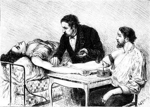 Blood Transfusion Prints: Dr Roussell of Geneva giving a woman a direct blood transfusion from a volunteer, 1882