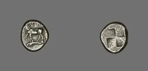 Holy Gallery: Drachm (Coin) Depicting a Cow with Dolphin below, about 416-357 BCE. Creator: Unknown