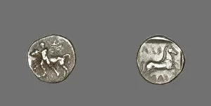 Bull Collection: Drachm (Coin) Depicting Thessalos Holding a Bull, 435-400 BCE. Creator: Unknown