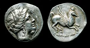 Drachma from Emporion. Obverse: Head of Persephone. Reverse: Pegasus, Third cent. BC. Artist: Numismatic, Ancient Coins