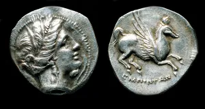 Drachma from Emporion. Obverse: Head of Persephone. Reverse: Pegasus, Third cent. BC. Artist: Numismatic, Ancient Coins Drachma from Emporion. Obverse: Head of Persephone. Reverse: Pegasus, Third cent. BC. Artist: Numismatic, Ancient Coins