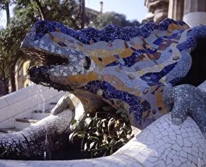 Guell Gallery: Detail of the dragon in the entrance stairway to Park Güell, built between 1900-1914