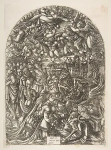 Jean Duvet Prints: The Dragon with two Horns and the Beast with Seven, from the Apocalypse. n. d