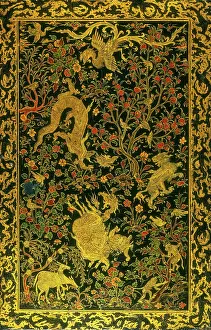 Dragons Prints: Dragons and other creatures, with floral decoration in gold. Creator: Unknown