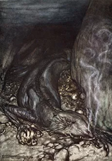 Guarding Collection: In dragons form Fafner now watches the hoard, 1924. Artist: Arthur Rackham