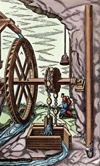 Drainage Gallery: A mine being drained by a rag-and-chain pump powered by an overshot water wheel, 1556