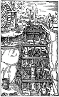Power Generation Prints: Draining a mine using a series of suction pumps powered by a water wheel, 1556