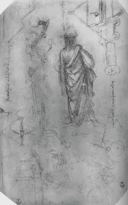 A Draped Figure, Studies of Machinery Etc., c1480 (1945). Artist: Leonardo da Vinci A Draped Figure, Studies of Machinery Etc., c1480 (1945). Artist: Leonardo da Vinci