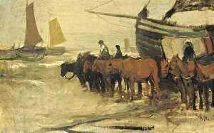 Draught horses pulling a fishing boat into the sea, 1870-1888. Creator: Anton Mauve
