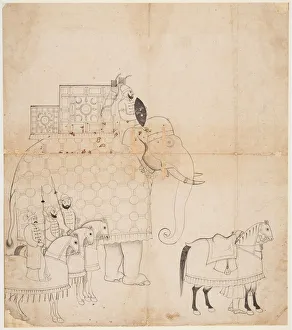 Jammu Prints: A drawing of Caparisoned Elephant and Horses, c. 1760. Creator: Unknown