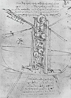 Back To Front Gallery: Drawing of a Flying Machine with a Man Operating It, c1480 (1945). Artist: Leonardo da Vinci