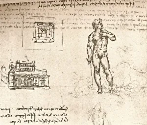 Jean Paul Prints: Drawing of plans for a castle, and of a nude figure