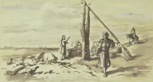 Water Supply Prints: Drawing water from a well in landscape, late 19th century. Creator: Wilhelm Amandus Beer