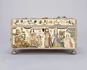 Beadwork Gallery: Dressing Box Depicting the Finding of Moses and Scenes from Abraham and Hagar, c. 1668