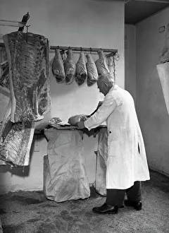 Carcass Prints: Dressing meat for sale, Rawmarsh, South Yorkshire, 1955. Artist: Michael Walters