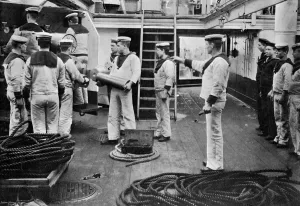 Gunnery Prints: At drill with a 6 inch quick firing gun on board the battleship HMS Resolution