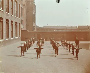 Physical Training Prints: Drill in playground, Alma Boys School, Bermondsey, London, 1908