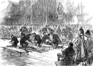Stretcher Prints: Drill of volunteer ambulance corps at Guildhall, 1880. Creator: Unknown